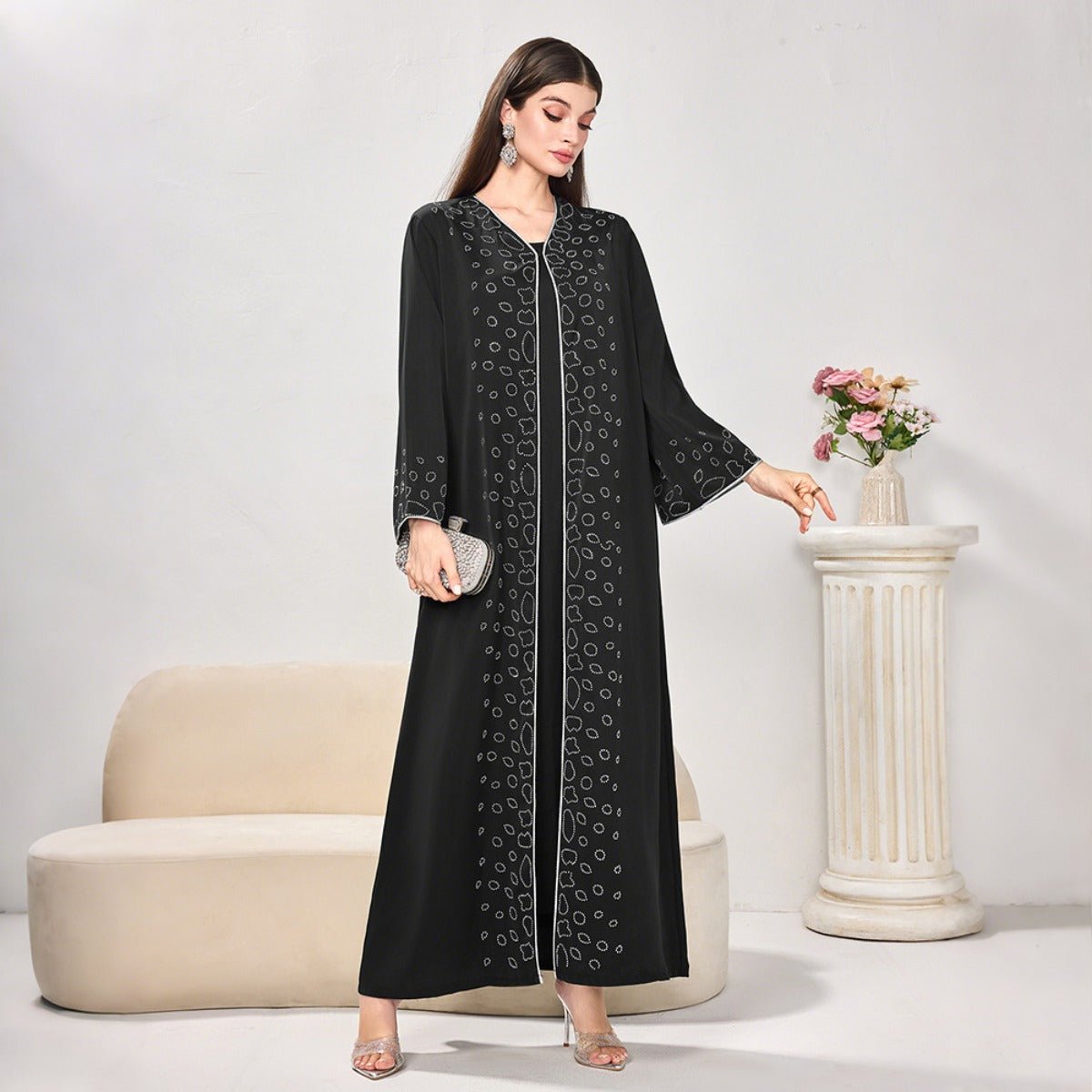 Modest Casual Black Diamond Embellished Loose Dress Abaya(MOA207) - Mariam's Collection