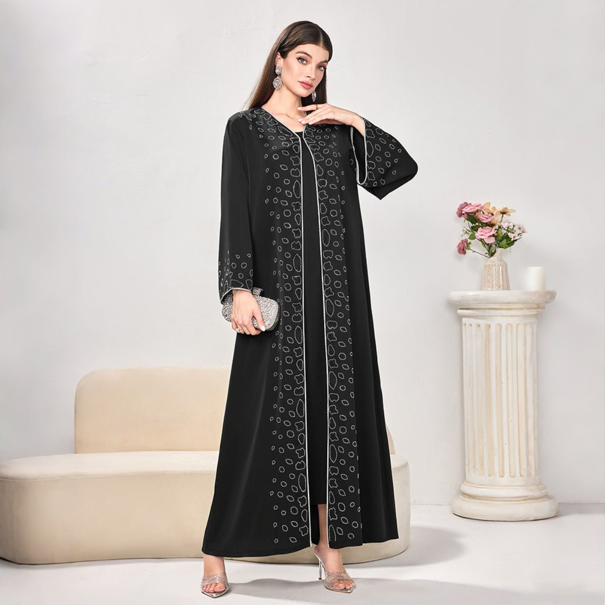 Modest Casual Black Diamond Embellished Loose Dress Abaya(MOA207) - Mariam's Collection