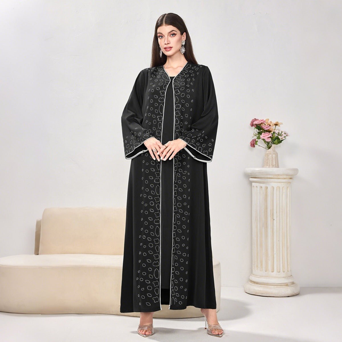 Modest Casual Black Diamond Embellished Loose Dress Abaya(MOA207) - Mariam's Collection