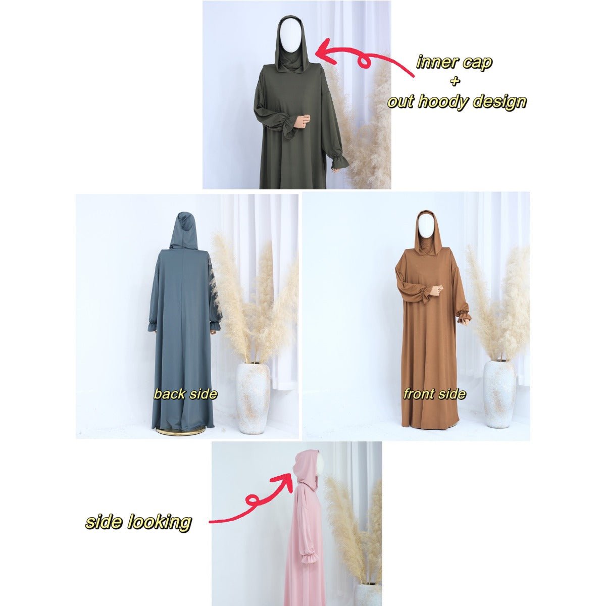 Modest Casual Hooded Abaya Collection | Tone Robes with Bubble Sleeves (MJ021) - Mariam's Collection