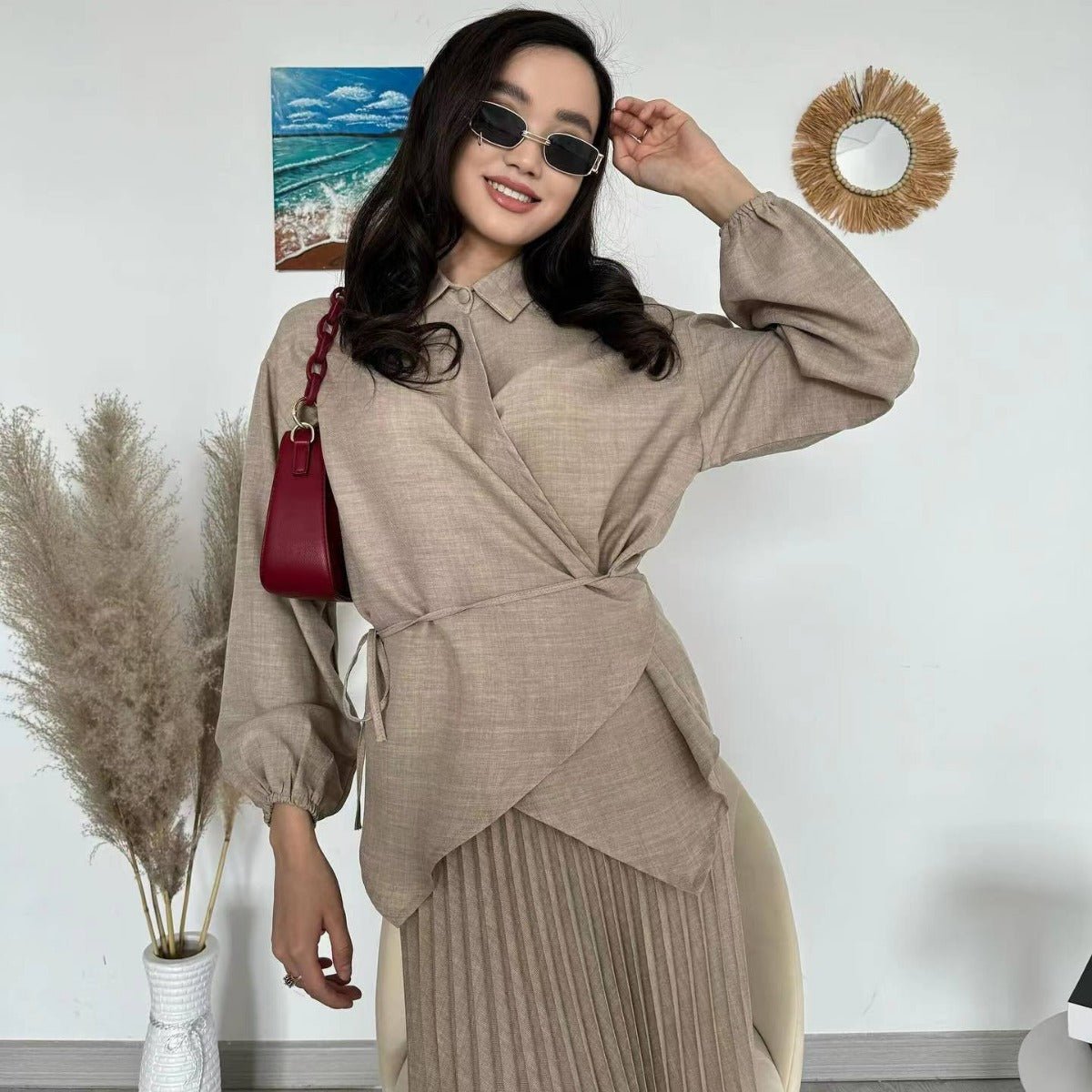 Modest Cross - Wrap Top with Matching Maxi Skirt Pleated Skirt Suit Set. (MS092) - Mariam's Collection