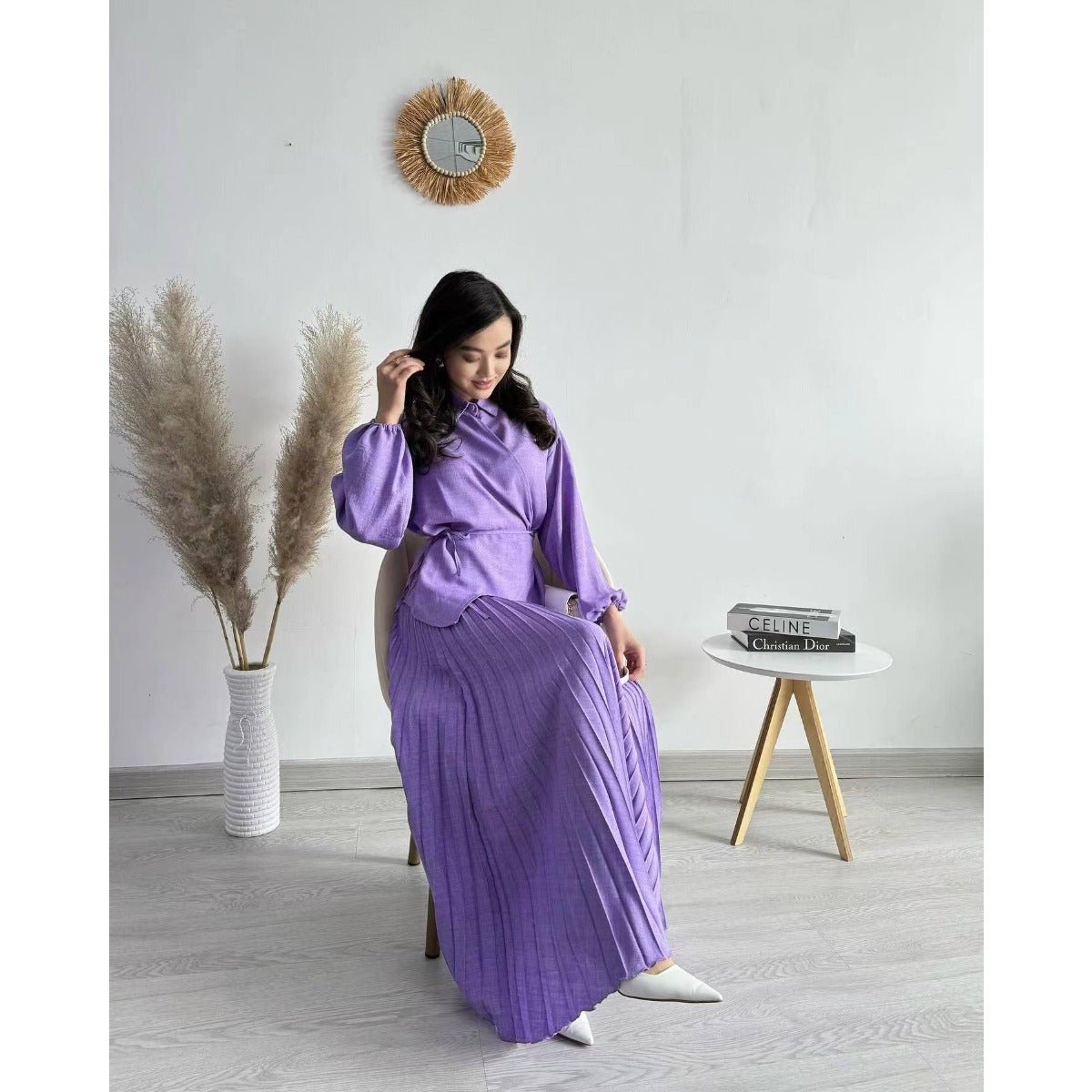 Modest Cross - Wrap Top with Matching Maxi Skirt Pleated Skirt Suit Set. (MS092) - Mariam's Collection