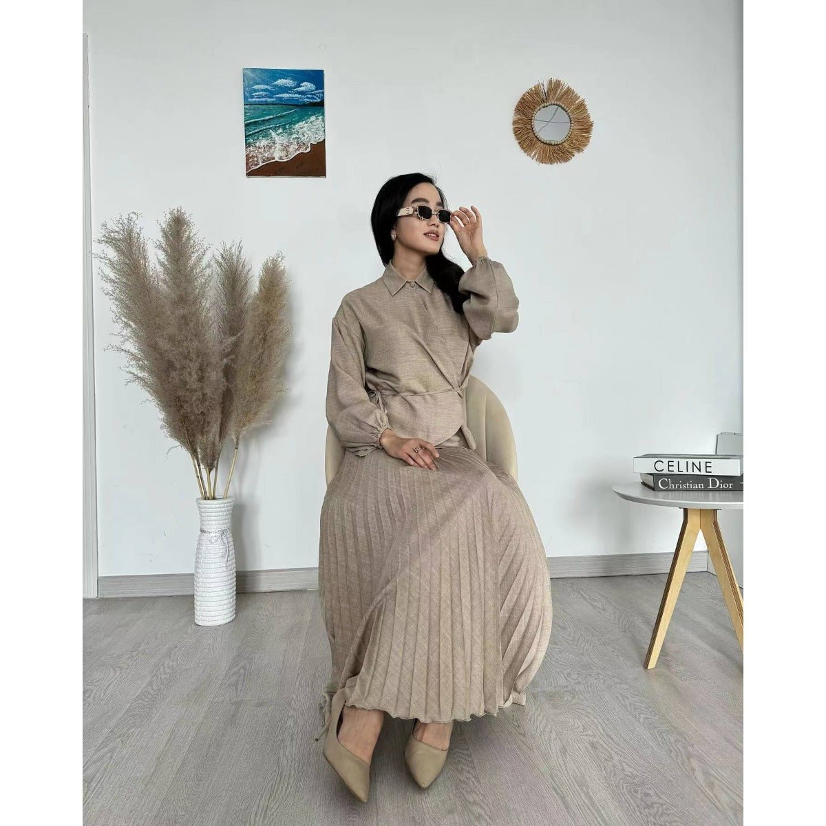 Modest Cross - Wrap Top with Matching Maxi Skirt Pleated Skirt Suit Set. (MS092) - Mariam's Collection