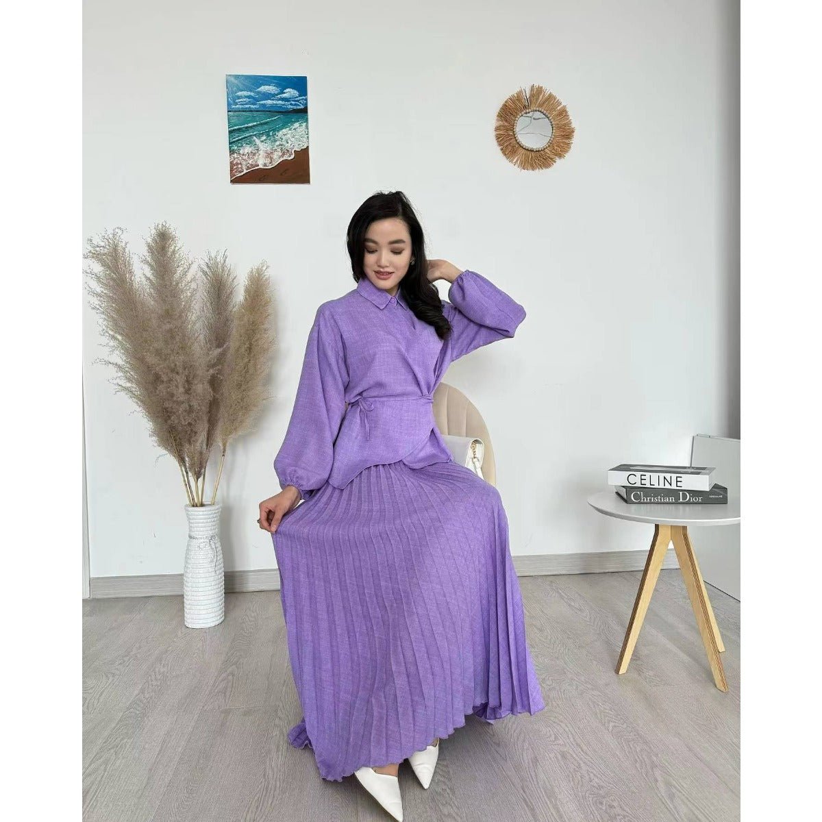 Modest Cross - Wrap Top with Matching Maxi Skirt Pleated Skirt Suit Set. (MS092) - Mariam's Collection