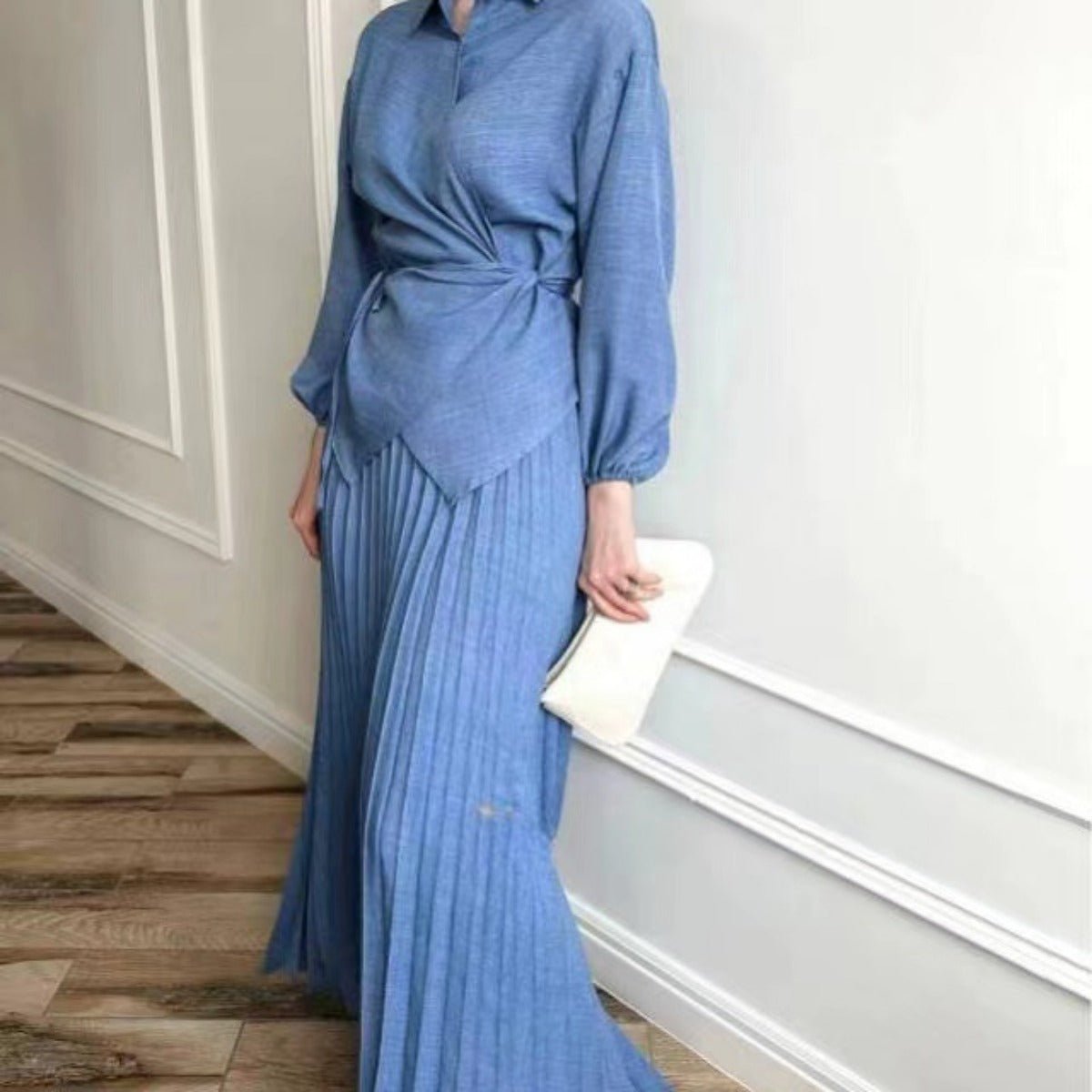 Modest Cross - Wrap Top with Matching Maxi Skirt Pleated Skirt Suit Set. (MS092) - Mariam's Collection