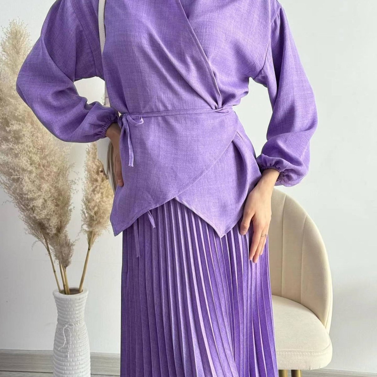 Modest Cross - Wrap Top with Matching Maxi Skirt Pleated Skirt Suit Set. (MS092) - Mariam's Collection