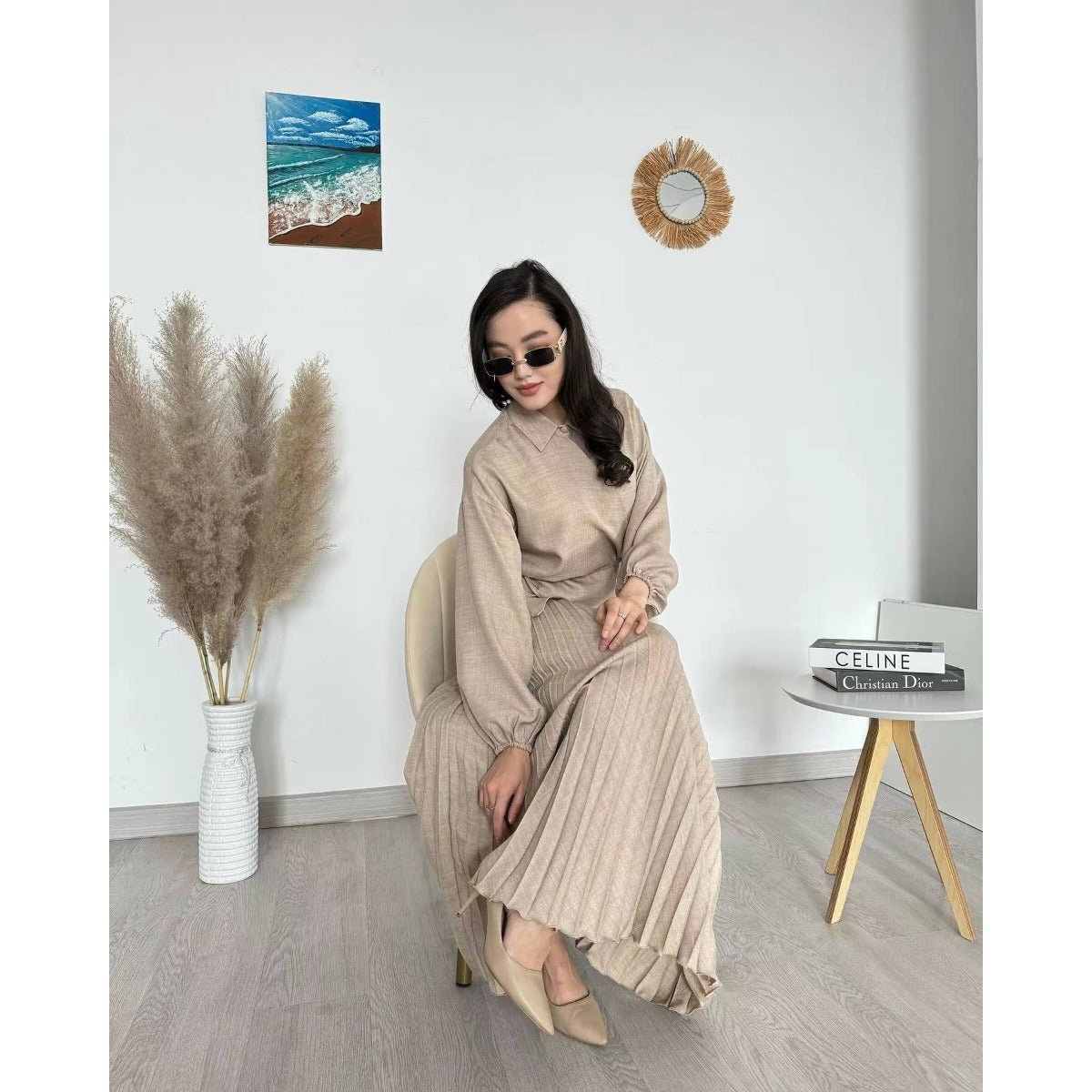 Modest Cross - Wrap Top with Matching Maxi Skirt Pleated Skirt Suit Set. (MS092) - Mariam's Collection