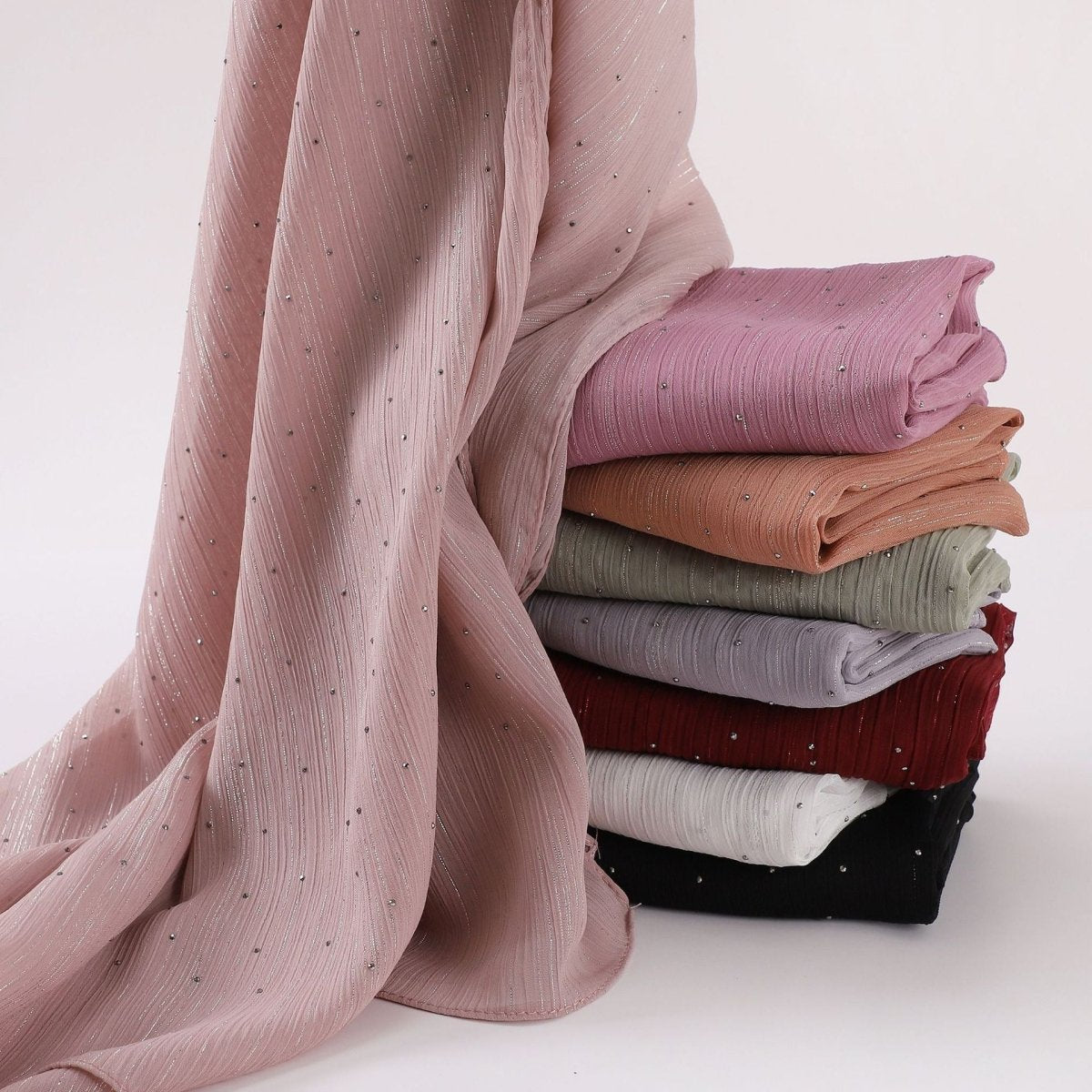 Modest Elegance Silver Crinkle Drape Hijab with Rhinestones (MH155) - Mariam's Collection