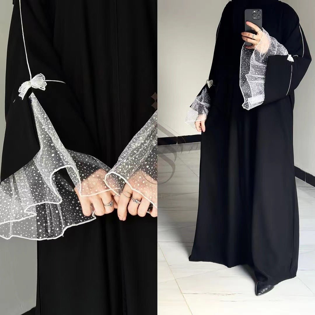 Modest Fashion Elegant Splicing Lace Abaya Butterfly Details Dress Robe.(MA159) - Mariam's Collection