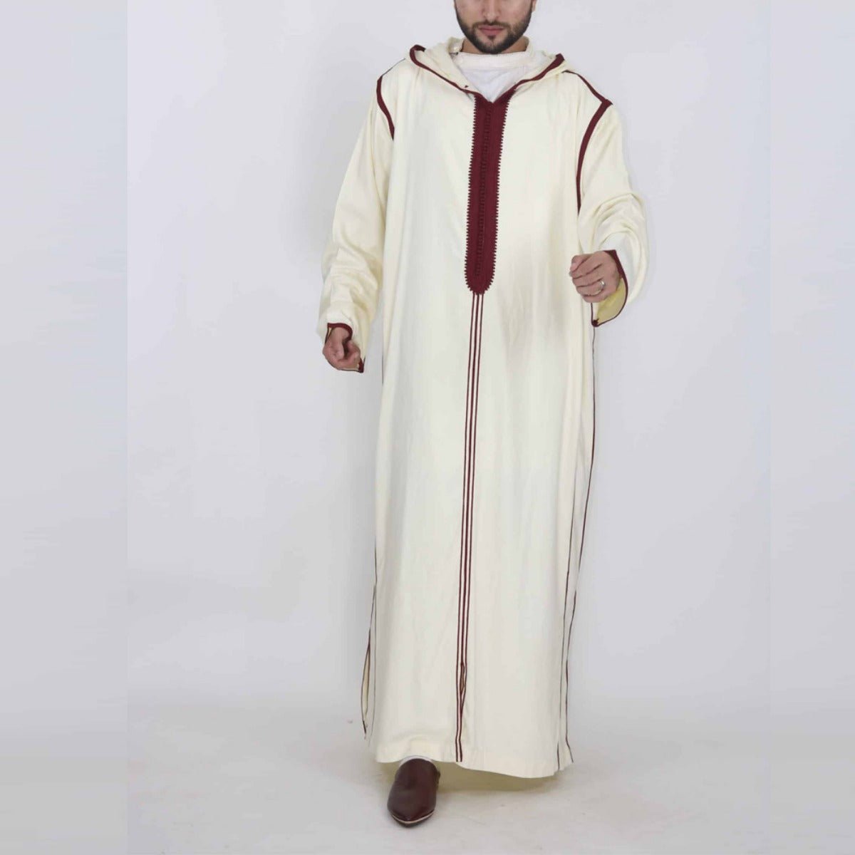 Modest Islamic Fashion Premium Long Burgundy Embroidered Thobe for Men Hooded Muslim Robe. (MT027) - Mariam's Collection