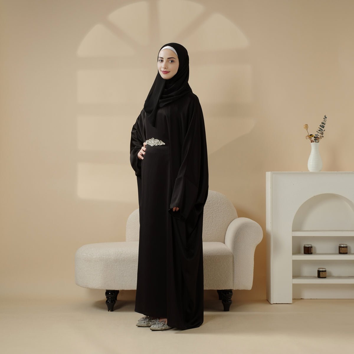 Modest Kaftan for Special Occasions: Batwing Abaya With Rhinestone Waist (MA135) - Mariam's Collection