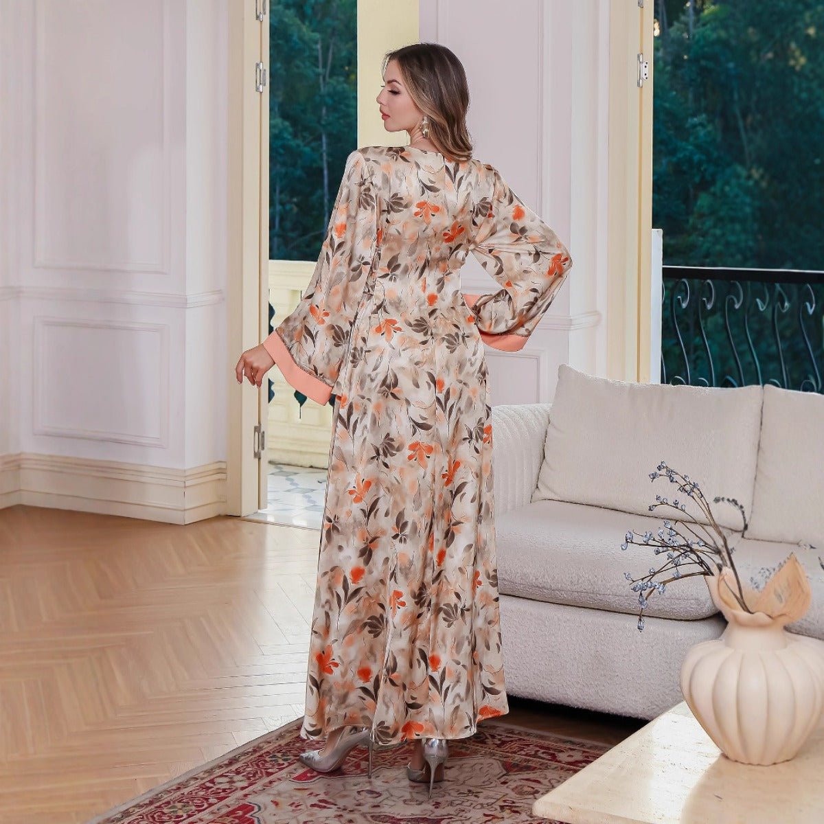 Modest Luxury Botanical Print Abaya | Cream & Orange Floral Robe Dress with Elegant Sleeve Details. (MA260) - Mariam's Collection