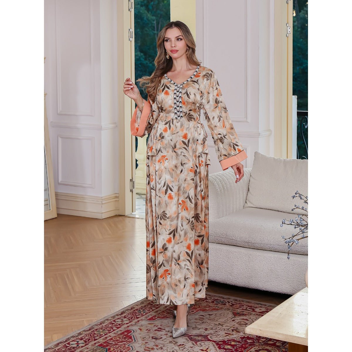 Modest Luxury Botanical Print Abaya | Cream & Orange Floral Robe Dress with Elegant Sleeve Details. (MA260) - Mariam's Collection