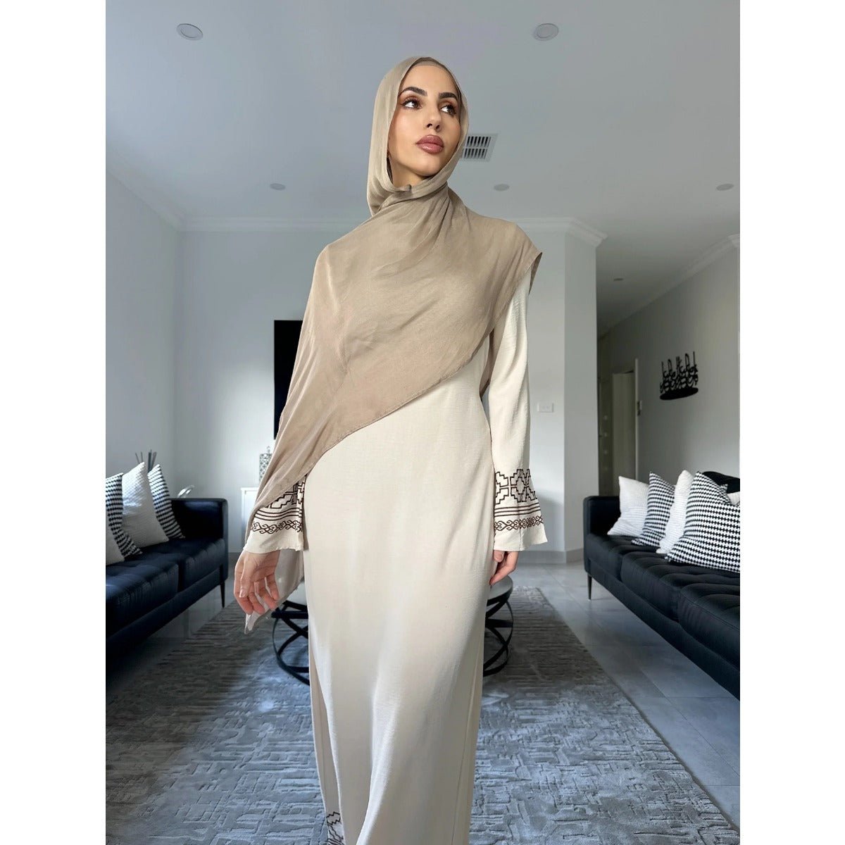 Modest Luxury Embroidered Flare Sleeve Abaya Collection | Muslim Dresses with White Geometric Embroidery. (MA262) - Mariam's Collection