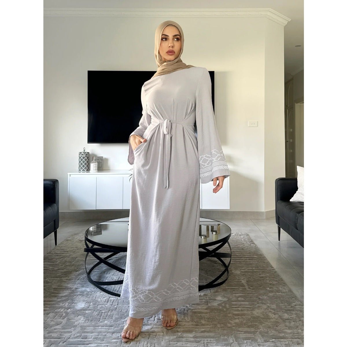 Modest Luxury Embroidered Flare Sleeve Abaya Collection | Muslim Dresses with White Geometric Embroidery. (MA262) - Mariam's Collection