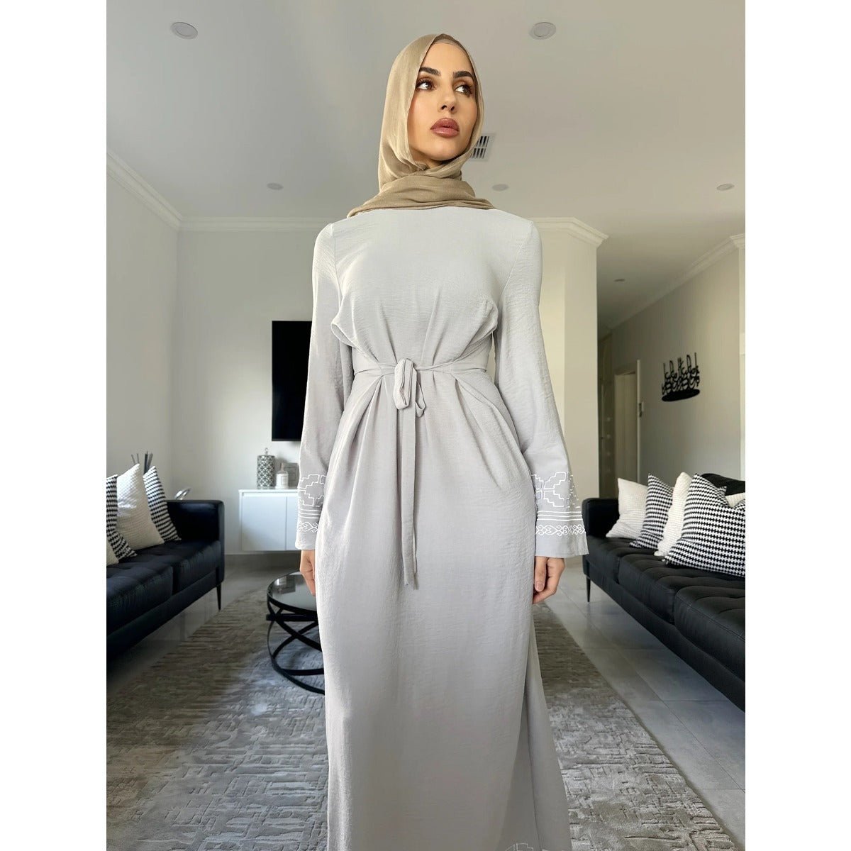 Modest Luxury Embroidered Flare Sleeve Abaya Collection | Muslim Dresses with White Geometric Embroidery. (MA262) - Mariam's Collection