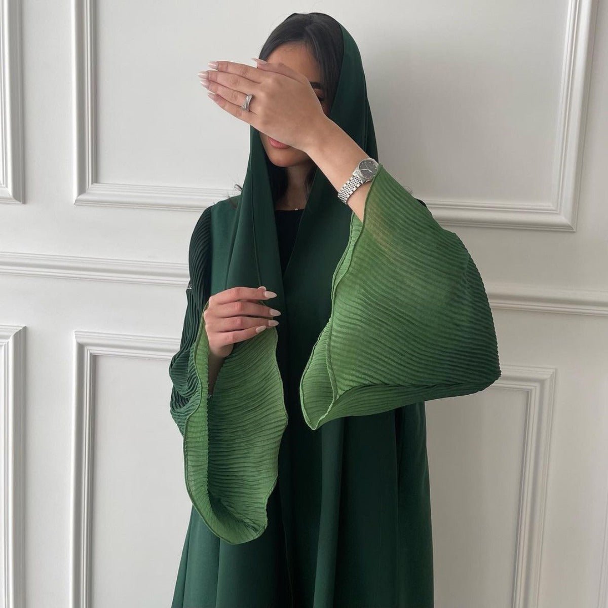 Modest Luxury Lumina Pleated Fan Sleeve Ombre Jacket Outerwear Abaya Cover - Up(MOA198) - Mariam's Collection