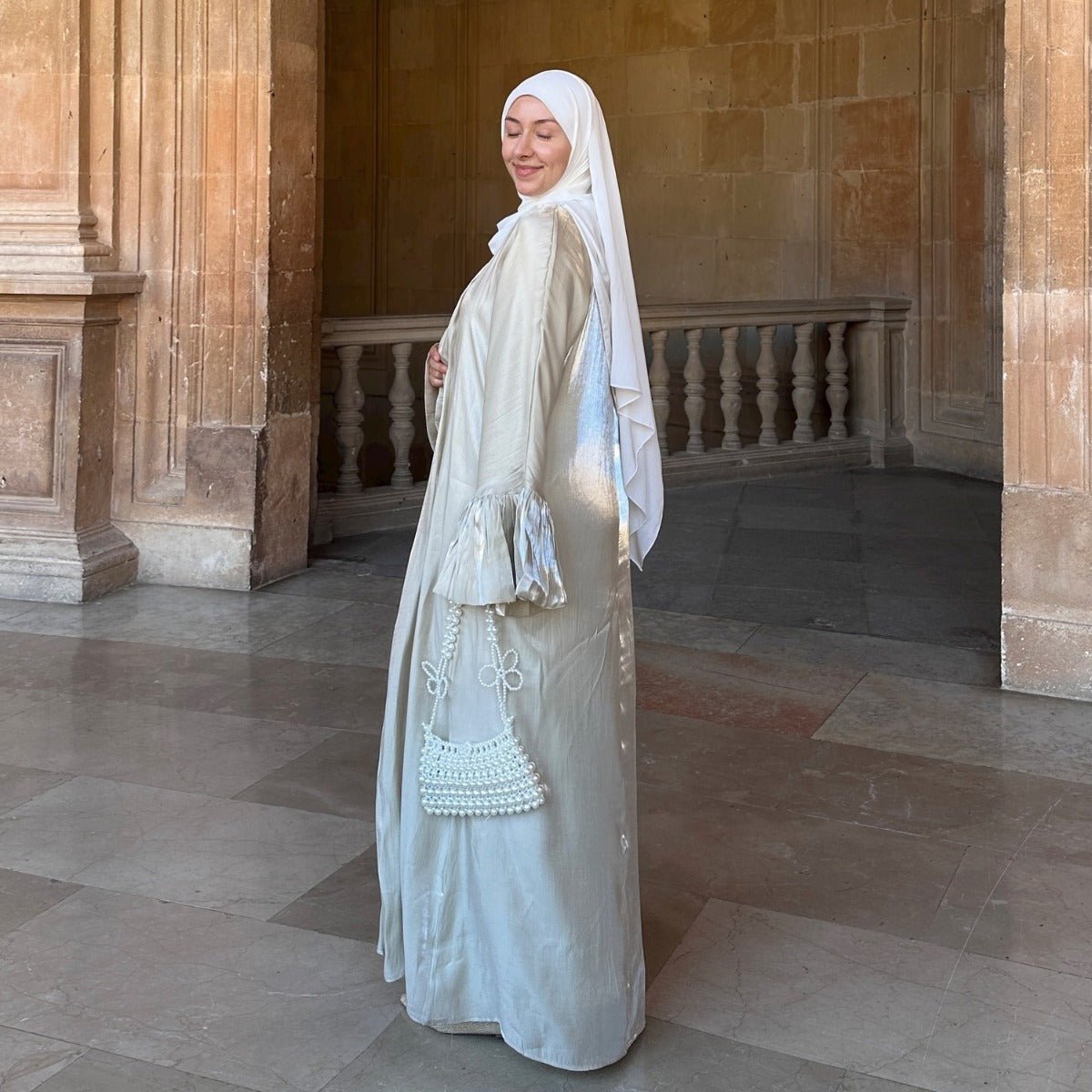 Modest Luxury Moonlight Glow Abaya Set | Cream White Two - Piece with Bell Sleeves. (MOA189) - Mariam's Collection