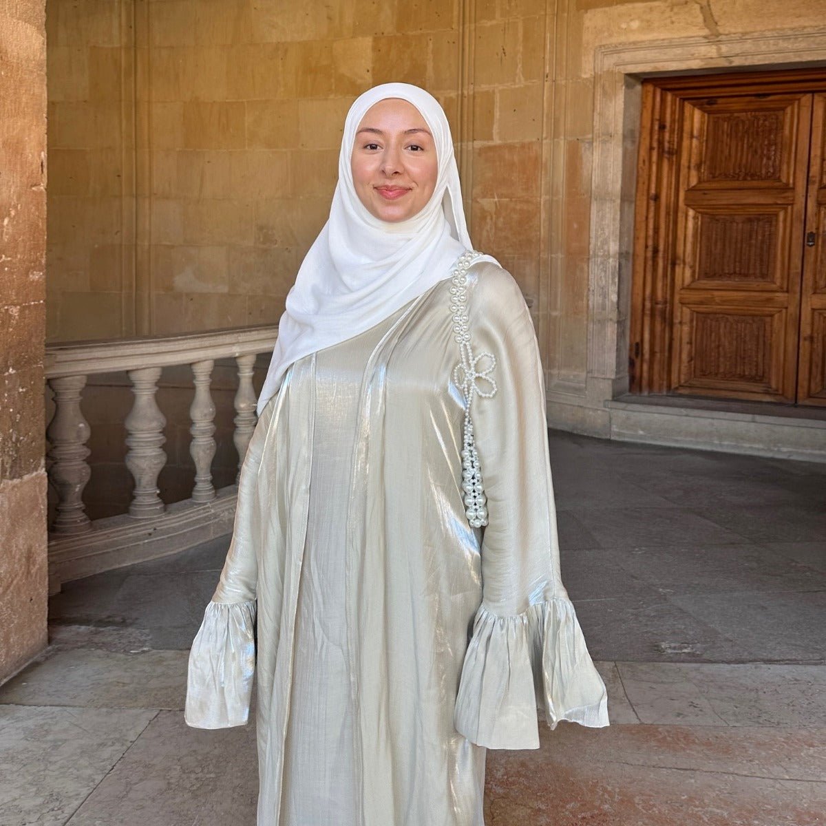 Modest Luxury Moonlight Glow Abaya Set | Cream White Two - Piece with Bell Sleeves. (MOA189) - Mariam's Collection