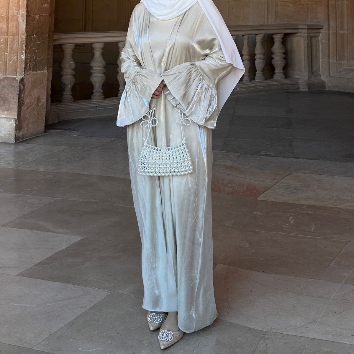 Modest Luxury Moonlight Glow Abaya Set | Cream White Two - Piece with Bell Sleeves. (MOA189) - Mariam's Collection