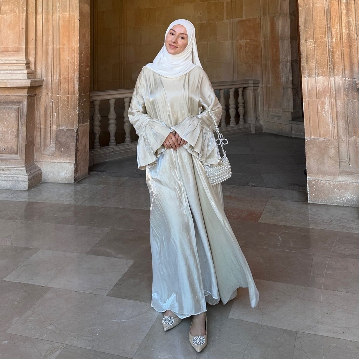 Modest Luxury Moonlight Glow Abaya Set | Cream White Two - Piece with Bell Sleeves. (MOA189) - Mariam's Collection