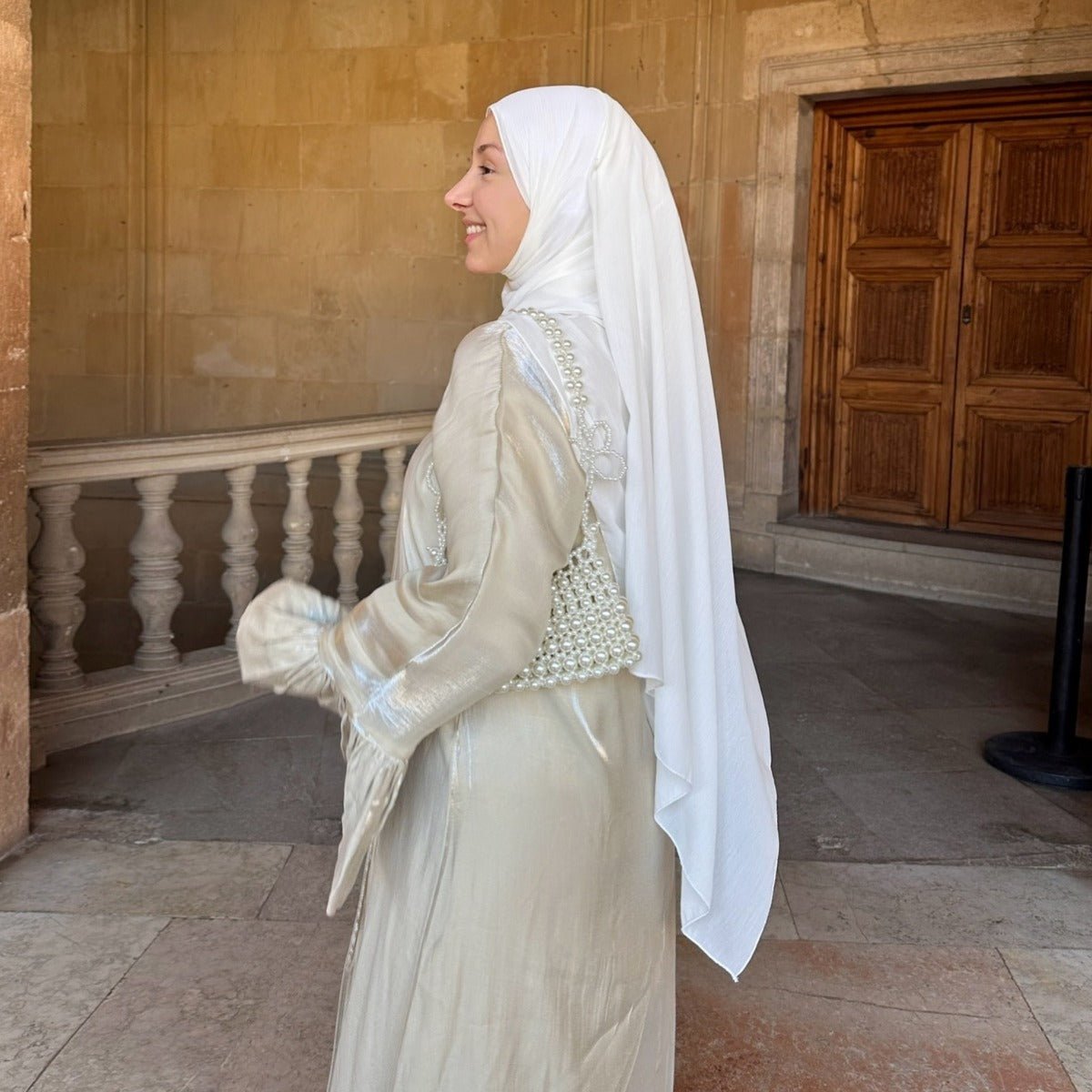 Modest Luxury Moonlight Glow Abaya Set | Cream White Two - Piece with Bell Sleeves. (MOA189) - Mariam's Collection