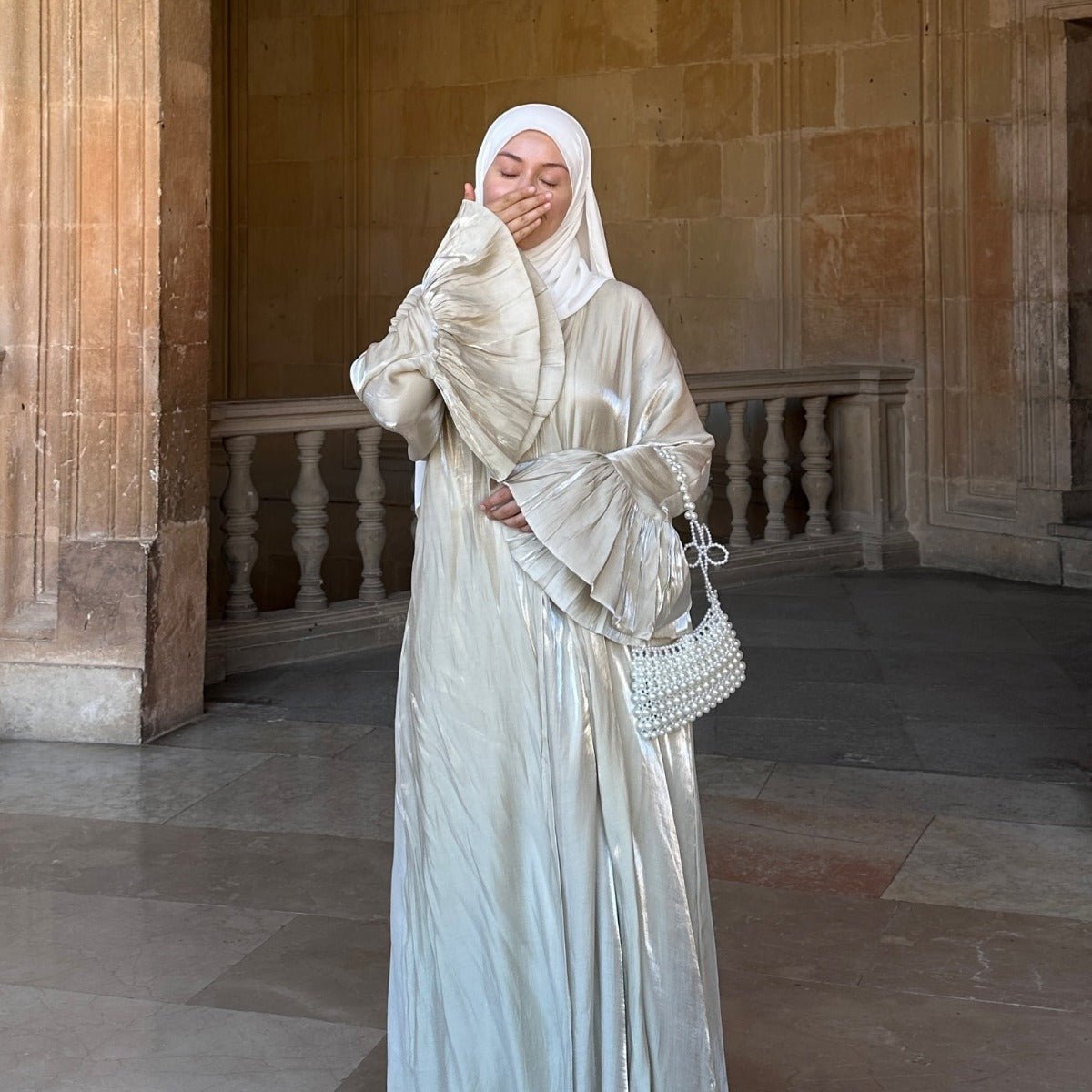 Modest Luxury Moonlight Glow Abaya Set | Cream White Two - Piece with Bell Sleeves. (MOA189) - Mariam's Collection