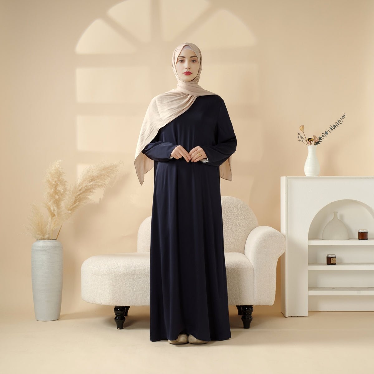 Modest Luxury Navy Blue Pleated Beaded Robe Abaya Set with Silver Embroidery. (MOA168) - Mariam's Collection