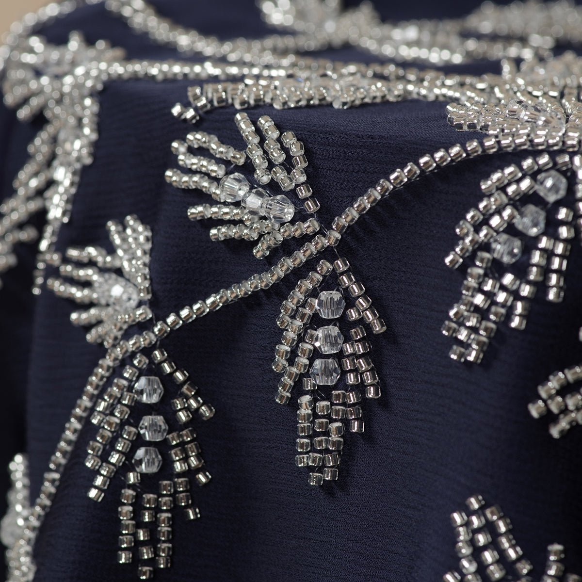 Modest Luxury Navy Blue Pleated Beaded Robe Abaya Set with Silver Embroidery. (MOA168) - Mariam's Collection