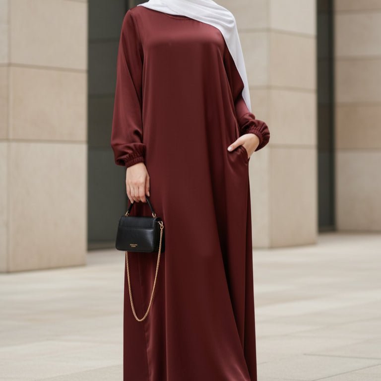 Modest Luxury Premium Satin Abaya | Umbrella Cut A - Line Abaya with Pockets (MA311) - Mariam's Collection