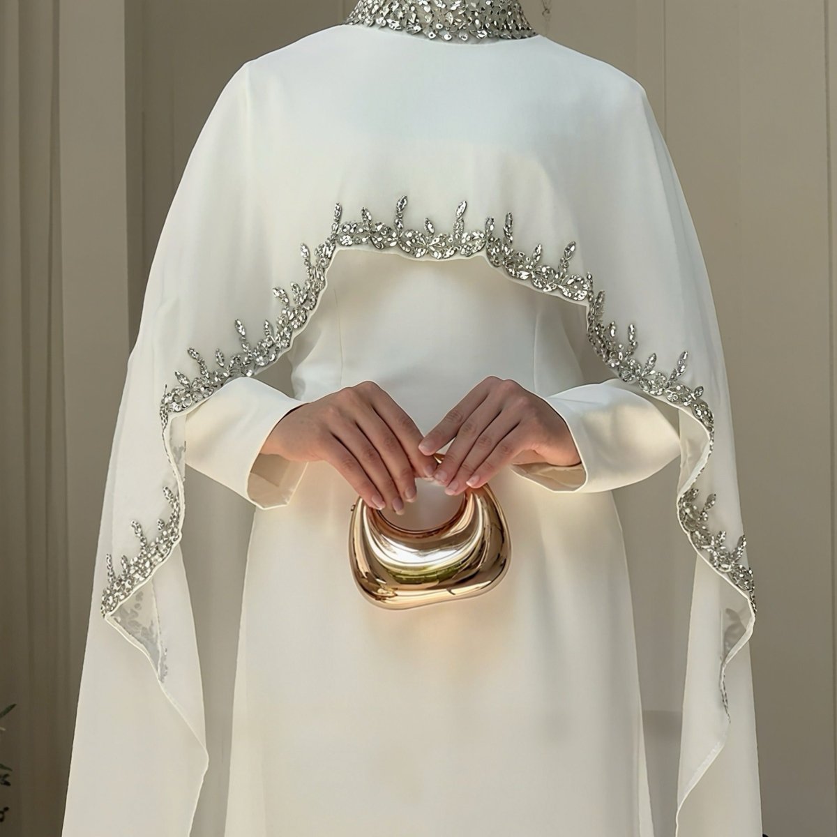 Modest Luxury Rhinestone Embellished Cape Shawl Dresses Evening Elegance (MA251) - Mariam's Collection