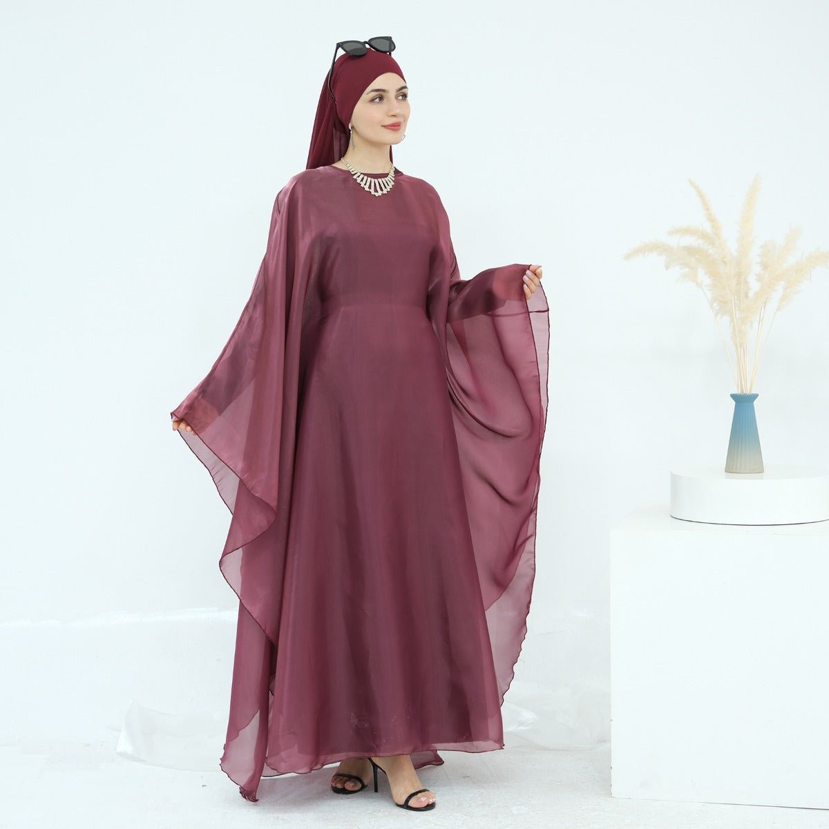 Modest Luxury Solid Color Robe Dress Set | Elegant Bell Sleeve Abaya. (MA246) - Mariam's Collection