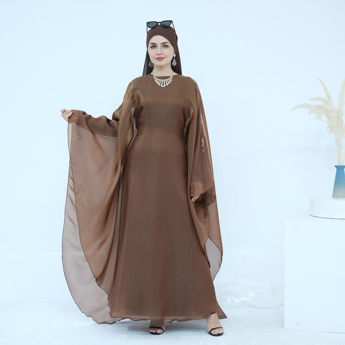 Modest Luxury Solid Color Robe Dress Set | Elegant Bell Sleeve Abaya. (MA246) - Mariam's Collection