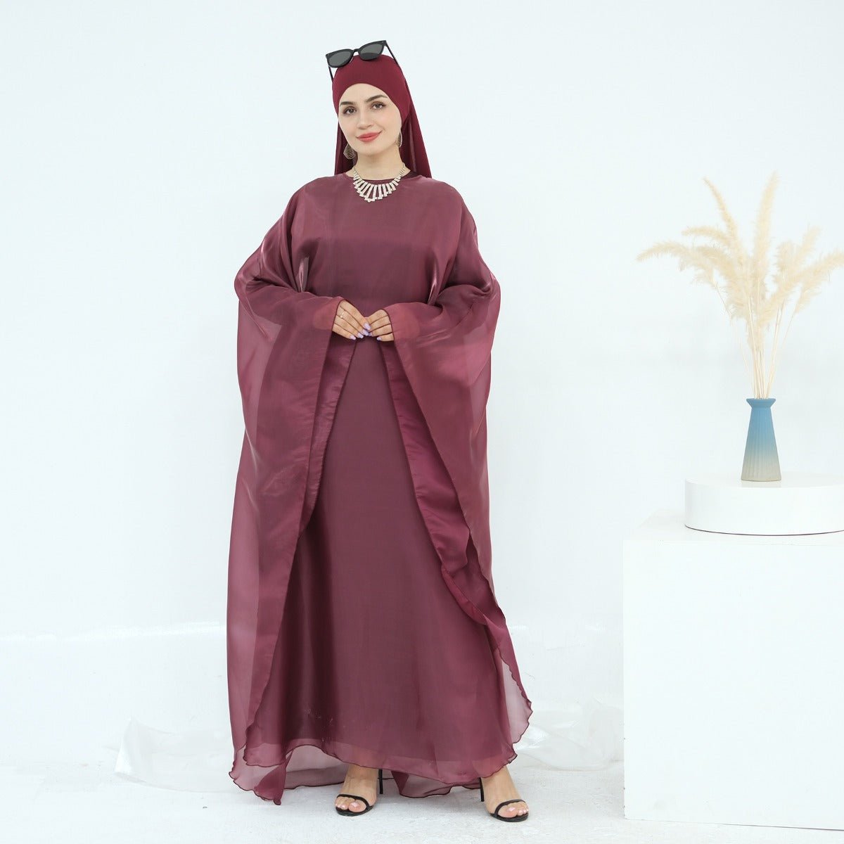 Modest Luxury Solid Color Robe Dress Set | Elegant Bell Sleeve Abaya. (MA246) - Mariam's Collection