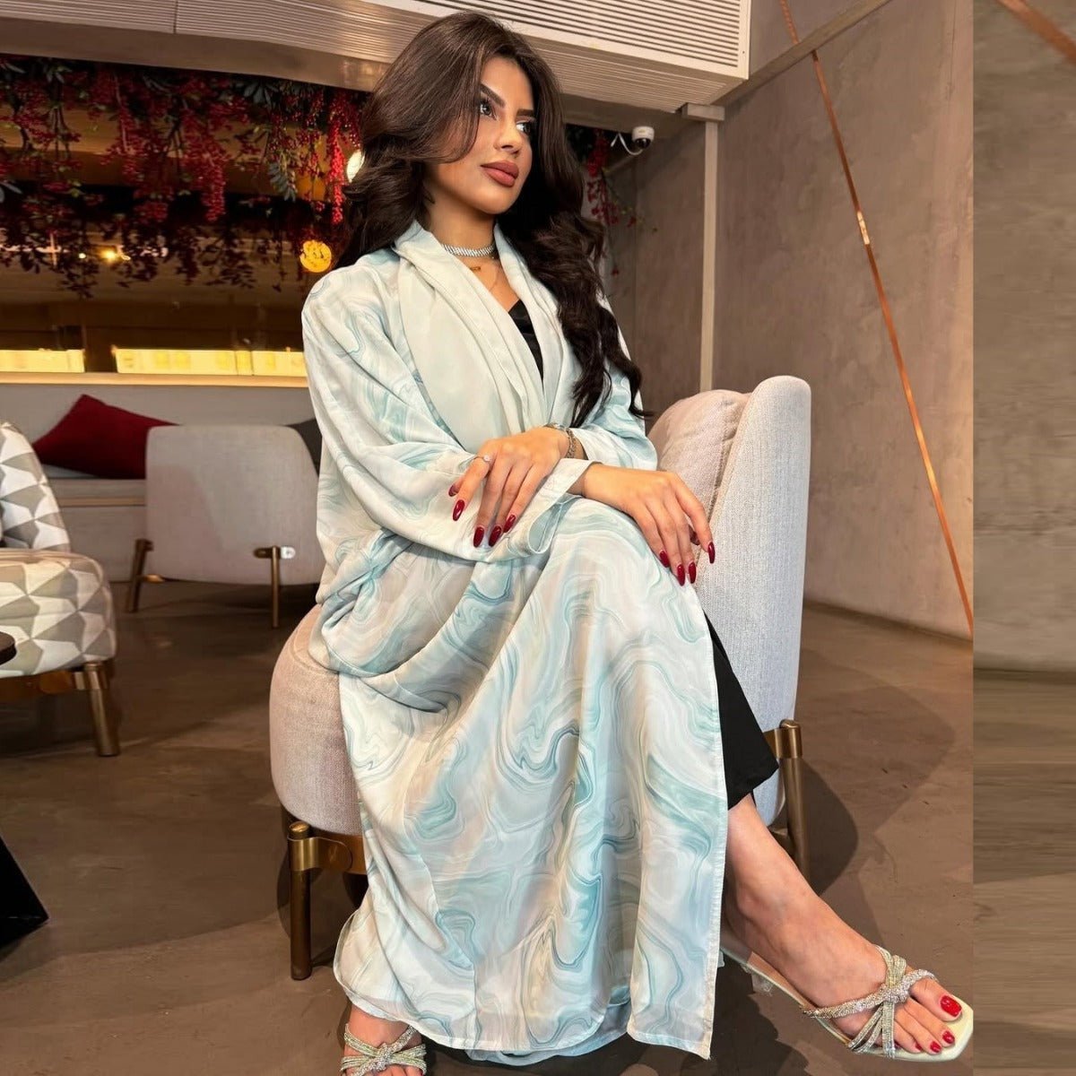 Modest Luxury Spring/Summer Ocean Breeze Abaya Set | Water Ripple Print Chiffon Cardigan with Matching Hijab. (MOA176) - Mariam's Collection