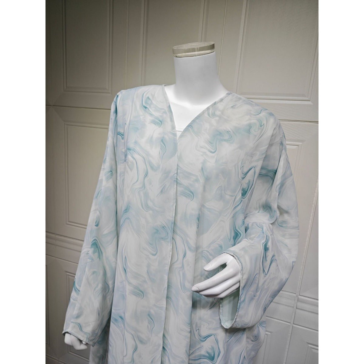 Modest Luxury Spring/Summer Ocean Breeze Abaya Set | Water Ripple Print Chiffon Cardigan with Matching Hijab. (MOA176) - Mariam's Collection