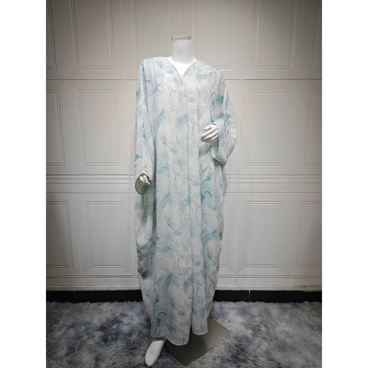 Modest Luxury Spring/Summer Ocean Breeze Abaya Set | Water Ripple Print Chiffon Cardigan with Matching Hijab. (MOA176) - Mariam's Collection