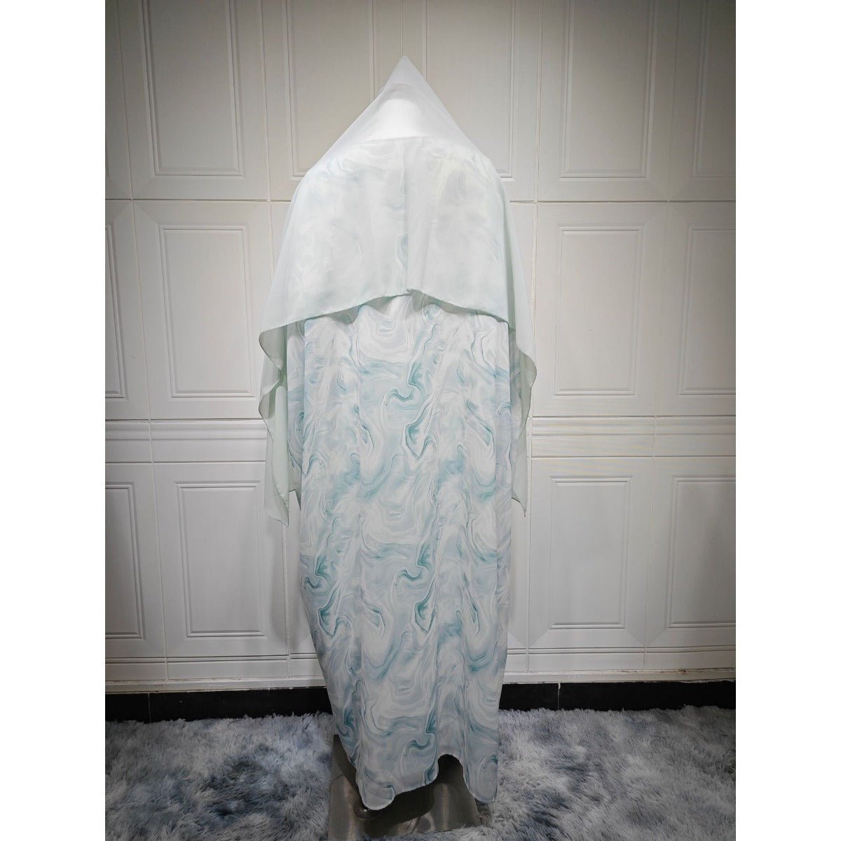 Modest Luxury Spring/Summer Ocean Breeze Abaya Set | Water Ripple Print Chiffon Cardigan with Matching Hijab. (MOA176) - Mariam's Collection
