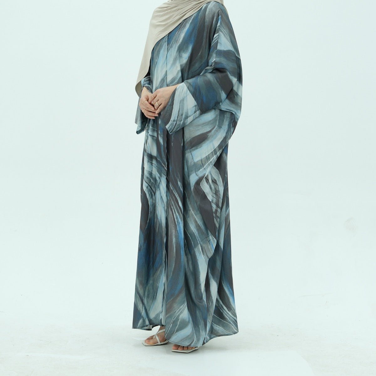 Modest Luxury Watercolor Print Cardigan Abaya | Blue - Grey Abstract Art Robe with Flowing Silhouette. (MA172) - Mariam's Collection