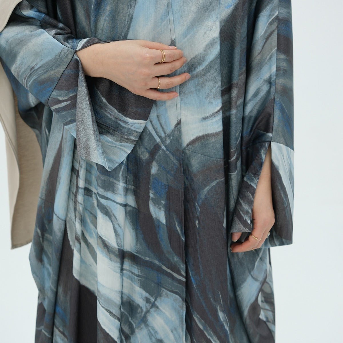 Modest Luxury Watercolor Print Cardigan Abaya | Blue - Grey Abstract Art Robe with Flowing Silhouette. (MA172) - Mariam's Collection