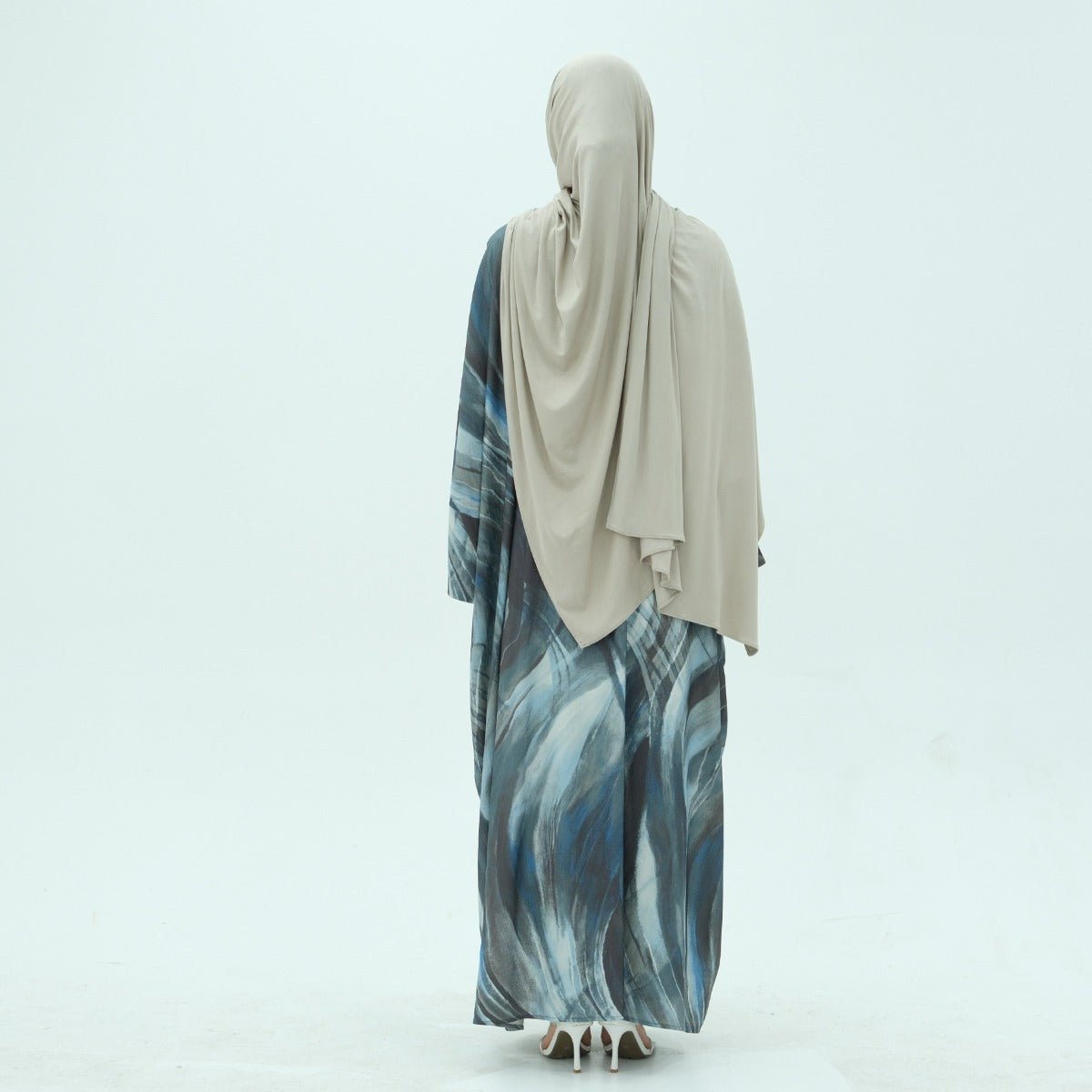 Modest Luxury Watercolor Print Cardigan Abaya | Blue - Grey Abstract Art Robe with Flowing Silhouette. (MA172) - Mariam's Collection
