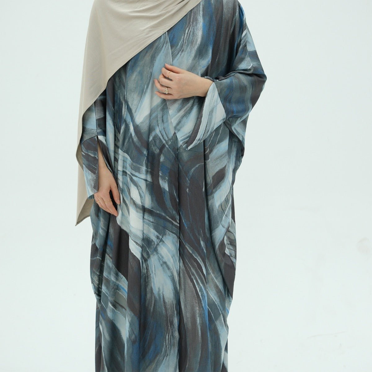 Modest Luxury Watercolor Print Cardigan Abaya | Blue - Grey Abstract Art Robe with Flowing Silhouette. (MA172) - Mariam's Collection