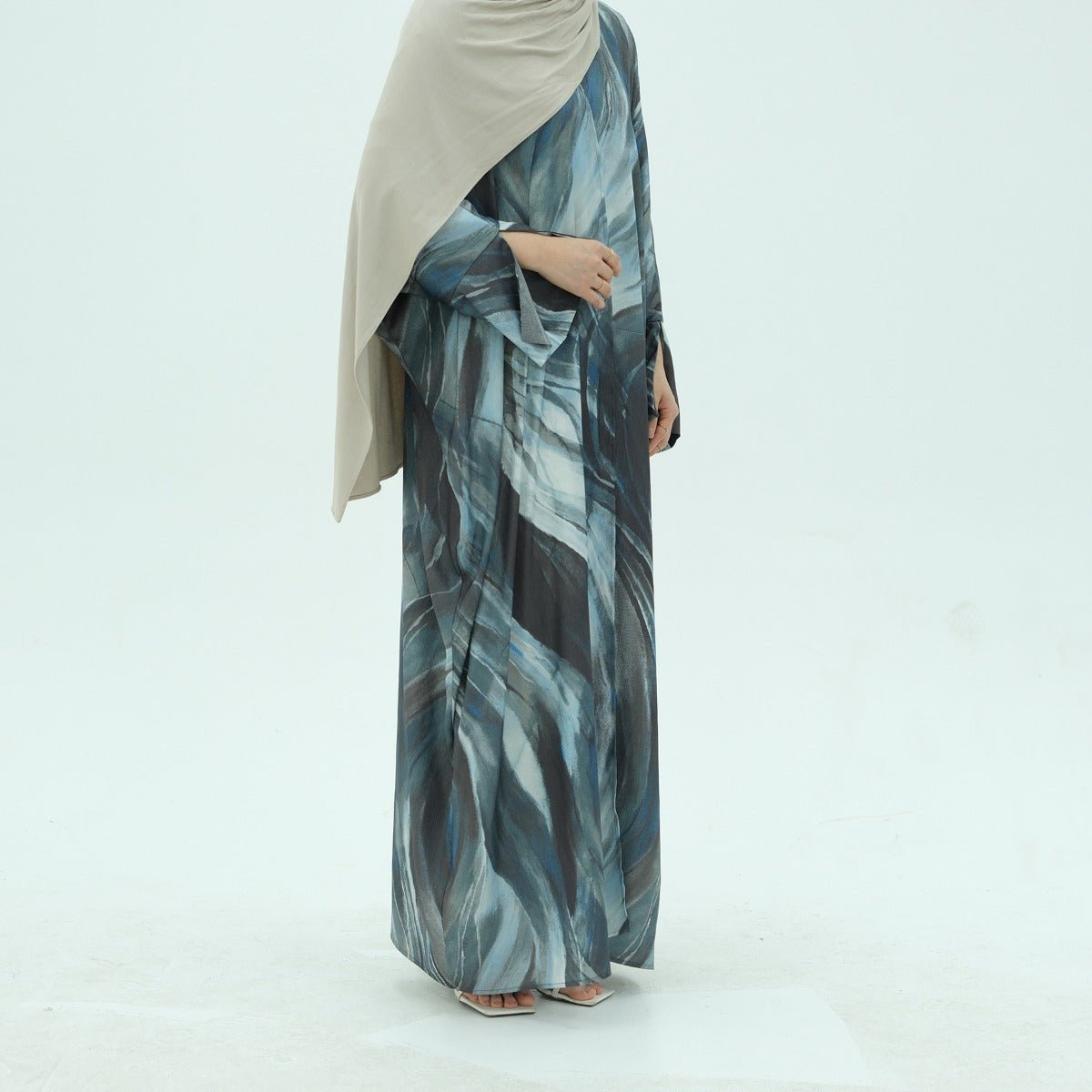 Modest Luxury Watercolor Print Cardigan Abaya | Blue - Grey Abstract Art Robe with Flowing Silhouette. (MA172) - Mariam's Collection