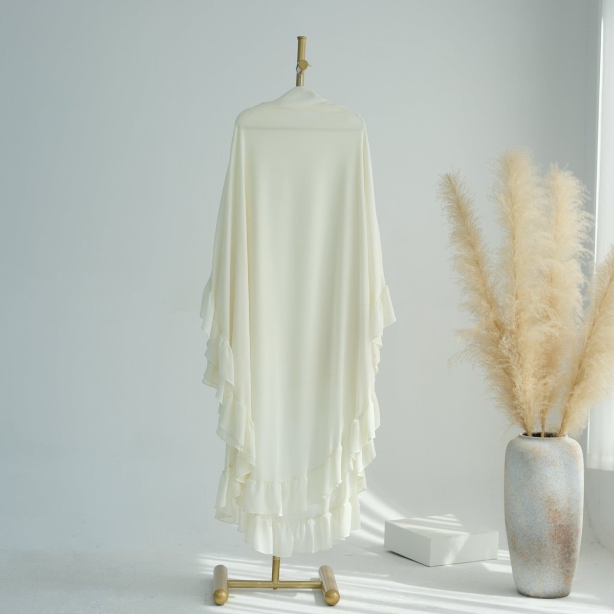 Modest Muslim Hijab in Soft Solid Colors with Flowy Cape Design Double - Layer Ruffle - Edged Big Swing Headscarf. (MK023) - Mariam's Collection