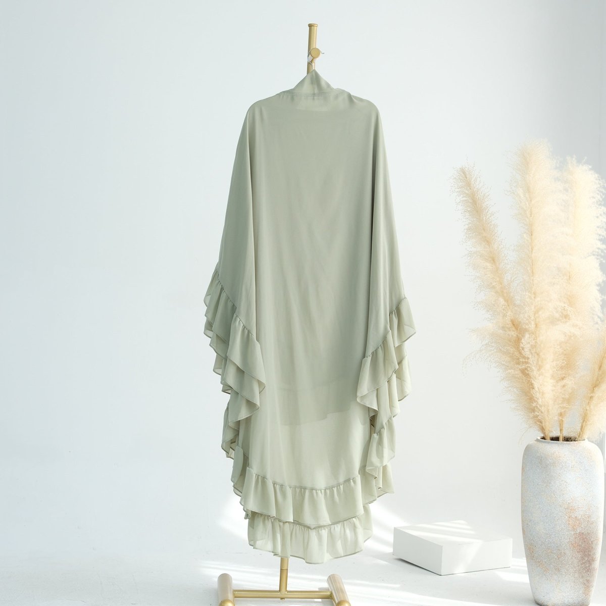 Modest Muslim Hijab in Soft Solid Colors with Flowy Cape Design Double - Layer Ruffle - Edged Big Swing Headscarf. (MK023) - Mariam's Collection