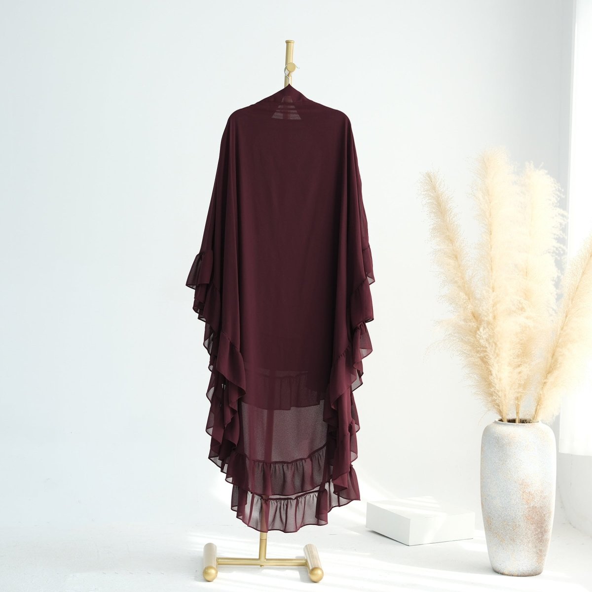 Modest Muslim Hijab in Soft Solid Colors with Flowy Cape Design Double - Layer Ruffle - Edged Big Swing Headscarf. (MK023) - Mariam's Collection