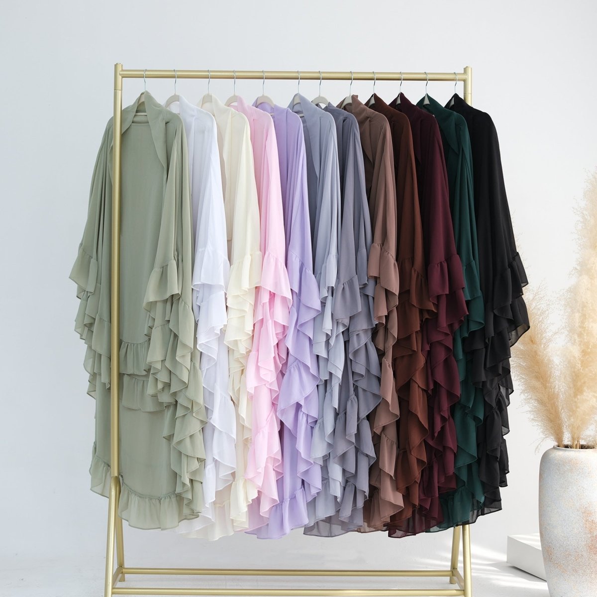 Modest Muslim Hijab in Soft Solid Colors with Flowy Cape Design Double - Layer Ruffle - Edged Big Swing Headscarf. (MK023) - Mariam's Collection