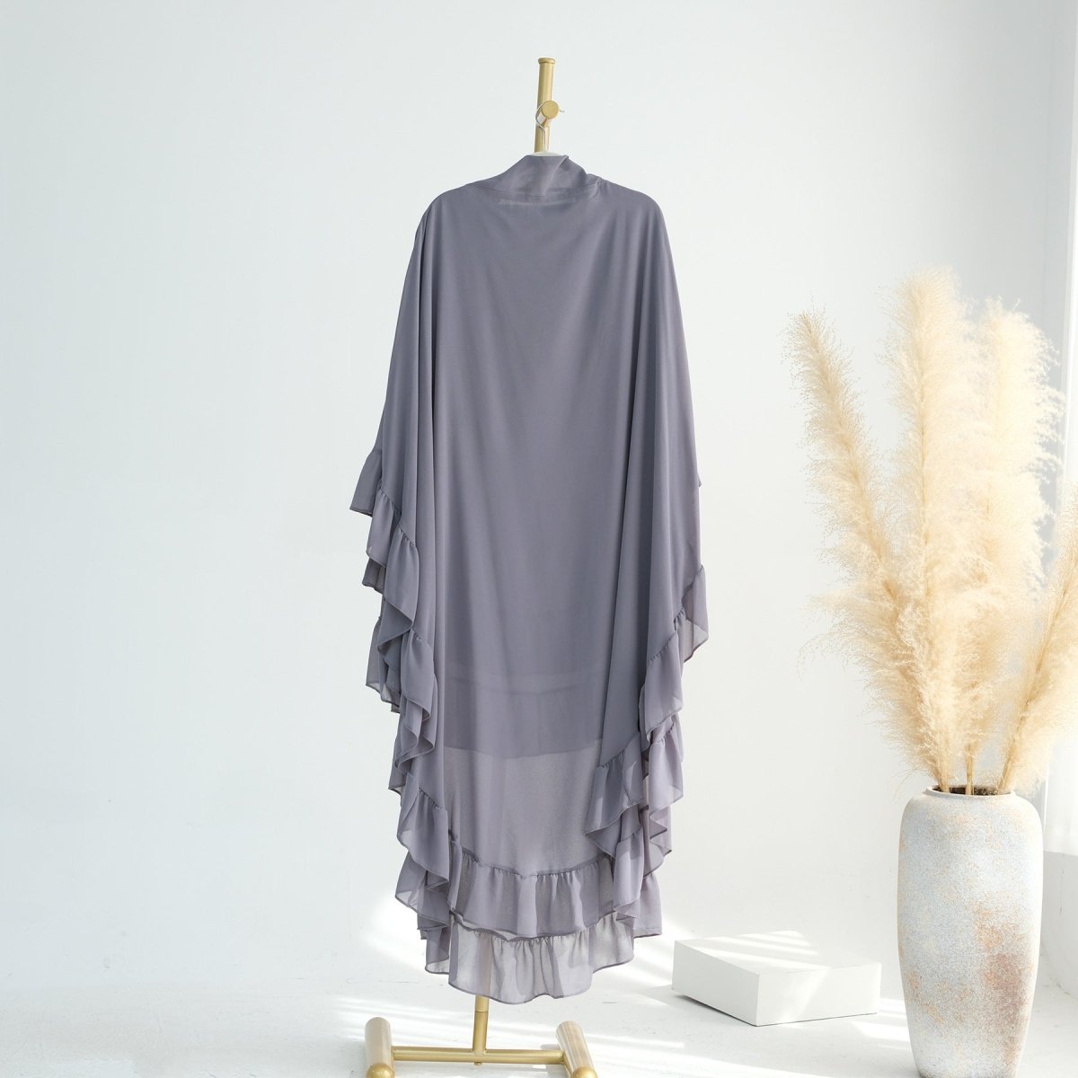 Modest Muslim Hijab in Soft Solid Colors with Flowy Cape Design Double - Layer Ruffle - Edged Big Swing Headscarf. (MK023) - Mariam's Collection