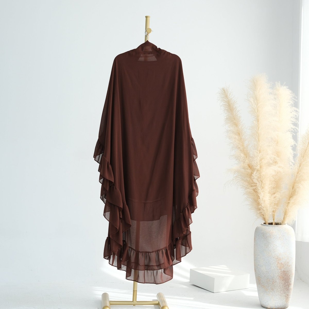 Modest Muslim Hijab in Soft Solid Colors with Flowy Cape Design Double - Layer Ruffle - Edged Big Swing Headscarf. (MK023) - Mariam's Collection