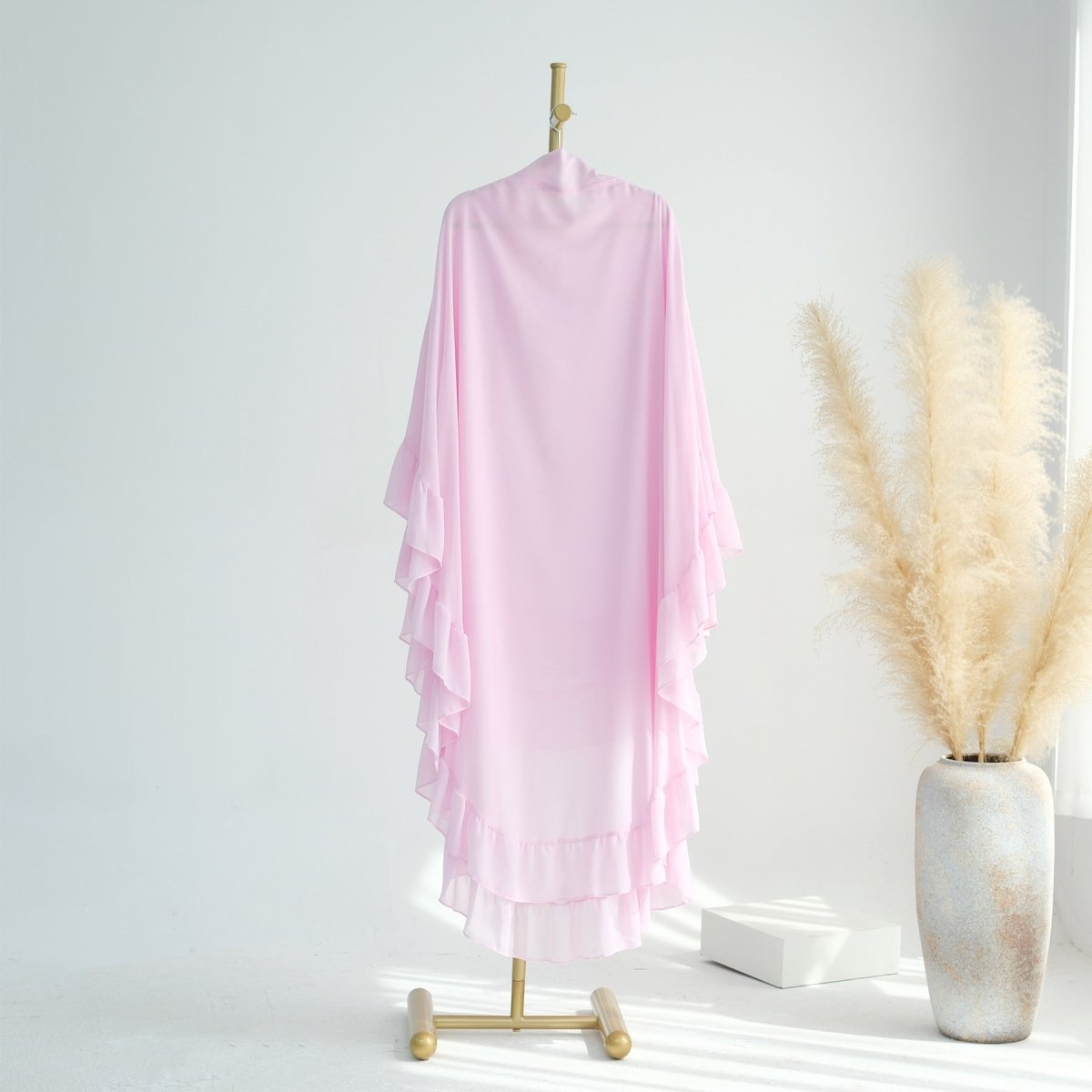 Modest Muslim Hijab in Soft Solid Colors with Flowy Cape Design Double - Layer Ruffle - Edged Big Swing Headscarf. (MK023) - Mariam's Collection